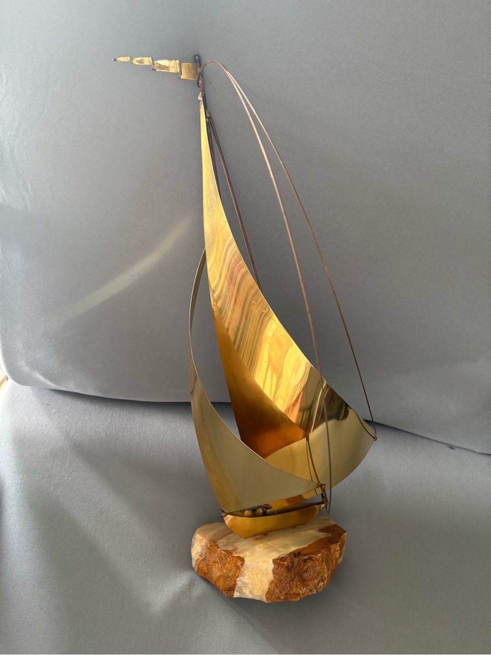Vintage De Mott Brass Sailboat Sculpture on an Onyx Base Signed MCM Nautical
